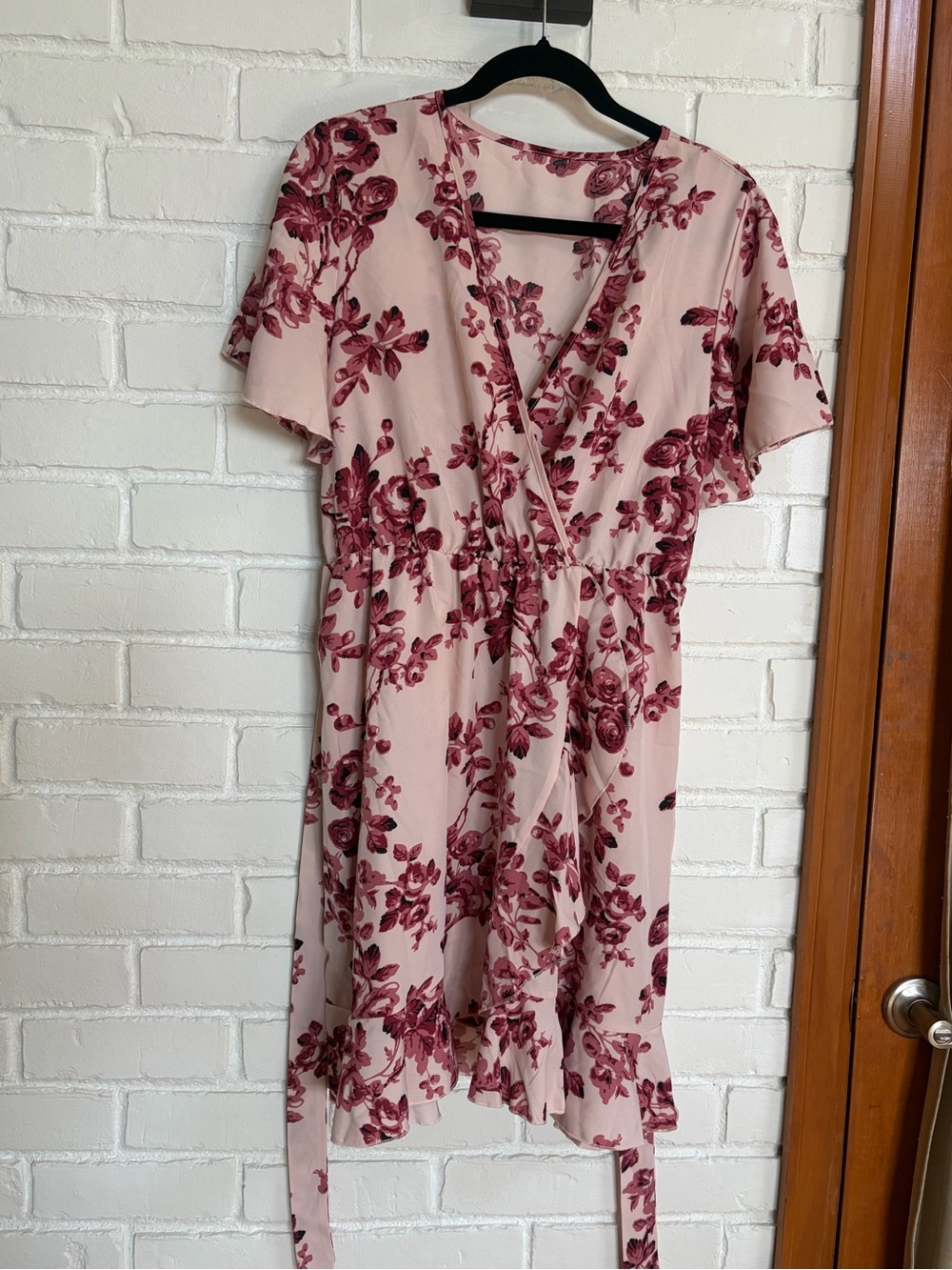 SHEIN Blush Midi Dress with Burgundy Floral Print